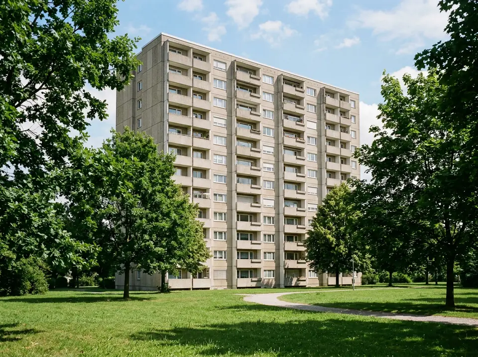 Többemeletes lakóépület homlokzata erkélyekkel, előtte füves terület és fák.