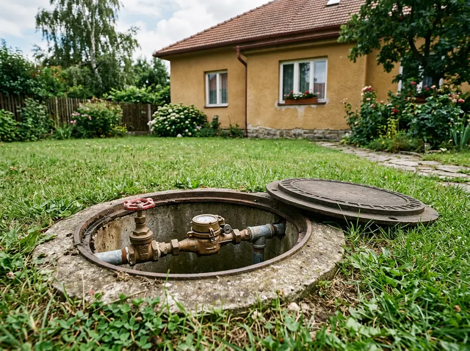 Nyitott vízmérőakna füves előkertben, benne vízmérő és elzáró szerelvény.
